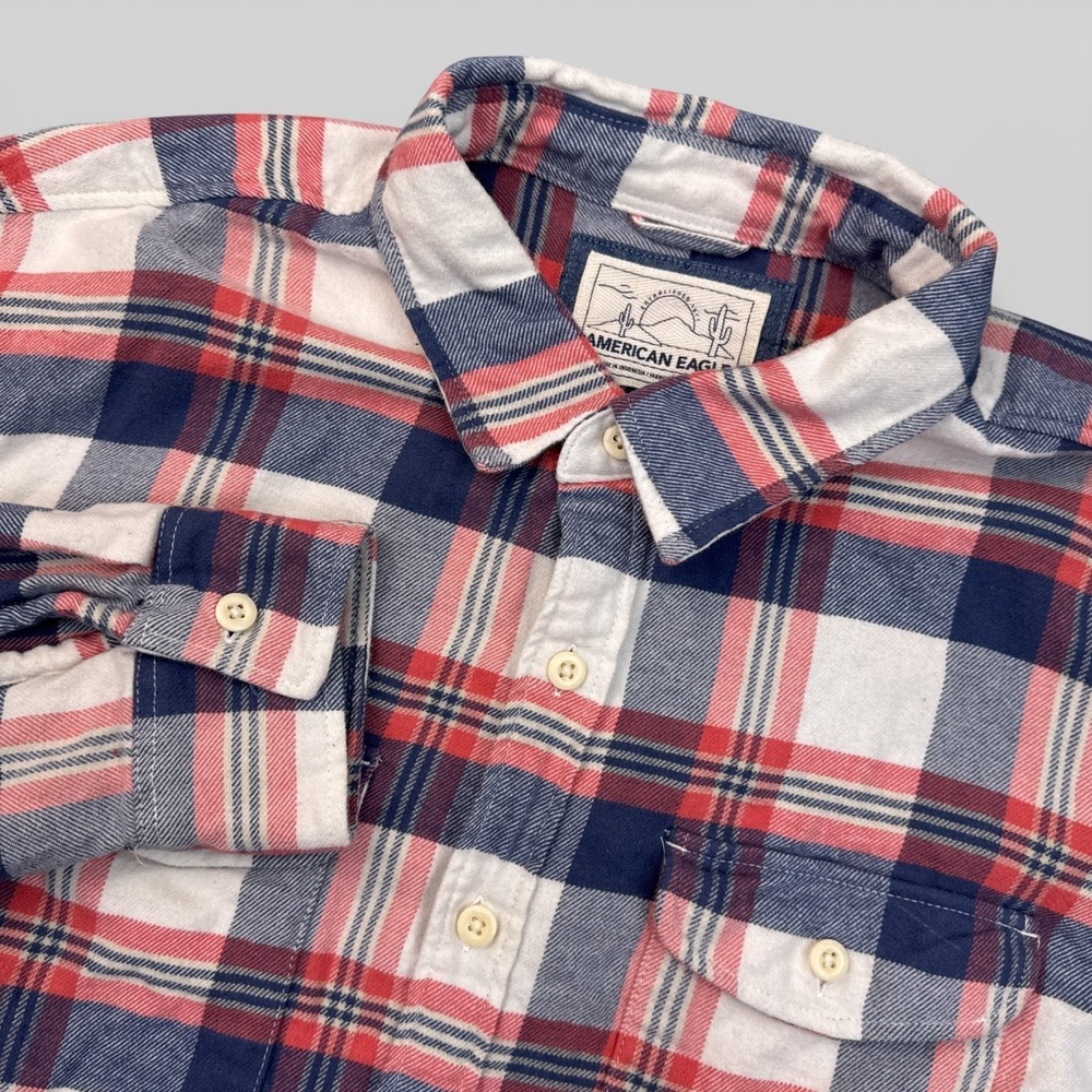 American Eagle Flannel Shirt Mens Size XL Red White Blue Plaid Button Up Casual